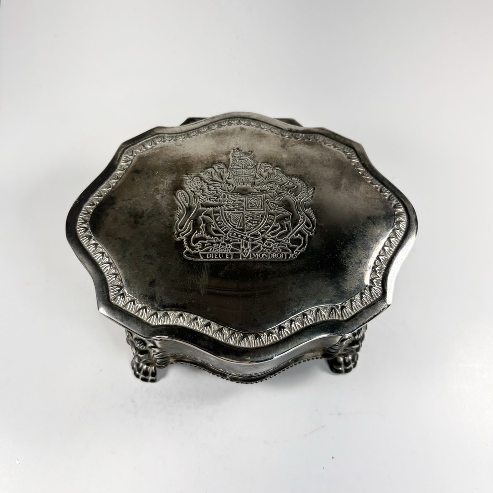 Vintage Lion's Creat Hinged Lid Red Velvet Lined Trinket Box